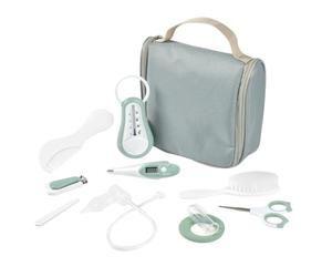 BÉABA Baby Travel Toiletries Bag - 10 Care Accessories from Birth - Rotating Hook, Compact Size, Double Zip - Thermometers, Nail Clippers, Baby Nasal Aspirator, Brush - Sage Green
