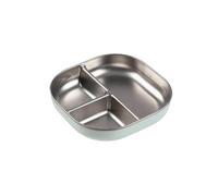 BÉABA, Microwave-Safe Stainless Steel Divided Baby Plate - Non-Slip with Silicone Sleeve, Shatterproof, Ergonomic High Edges, Dishwasher Safe, Blue Grey