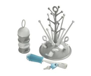Béaba New Baby Set, Bottle Drainer Tree Large Capacity-Grey, Stackable Milk Measuring Box-Grey, Silicone Bottle Brush