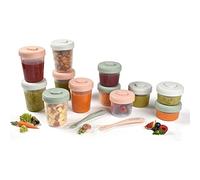 Beaba Set of 12 Storage Pots and 2 Silicone weaning Spoons, Interlocking, Stackable Pots, 100% Airtight, Freezable, Breast Milk, 2x90 ml + 4x150 ml + 6x250ml, Eucalyptus