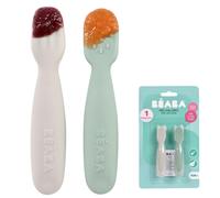 BEABA, Set of 2 1st Age Baby Spoons, Silicone Teaspoons, Baby Cutlery, from 4 Months, Ergonomic Shape, Different Textures, Ergonomic Handle