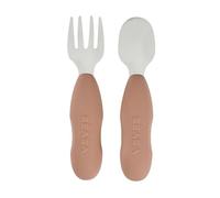BÉABA, Set of 2 Ergonomic Stainless Steel & Silicone Cutlery Sets, Baby & Children's Cutlery, From 10 Months, Ergonomic Handle, Baby Training Cutlery, Praline