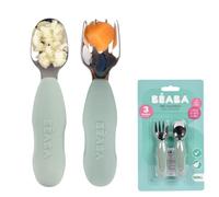 BEABA, Set of 2 Stainless Steel and Silicone Cutlery Sets, Baby Cutlery, Children's Cutlery, from 10 Months, Ergonomic Shape, Ergonomic Handle, Learning Cutlery, Sage Green
