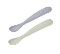 BÉABA Set of 2 Silicone Spoons for Baby/Infant Early Age - from 4 Months, Soft Rounded Tip, Long Ergonomic Handle, Travel Case, Dust-Resistant Finish - Pebble/Verdigris