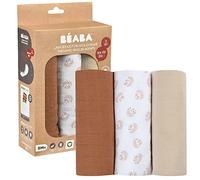 BÉABA, Set of 3 Baby Swaddle Cloths, Organic Cotton Muslin, Multi-Purpose: Swaddle Blanket, Bib, Travel Blanket, Comforter, Ultra Soft, Breathable, Large, 70x70, Eco-Friendly, Safe, Hedgehog Pattern