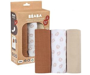 Béaba Set of 3 Baby Swaddle Cloths, Organic Cotton Muslin, Multi-Purpose: Swaddle Blanket, Bib, Travel Blanket, Comforter, Ultra Soft, Breathable, Large, 70x70, Eco-Friendly, Safe, Hedgehog Pattern