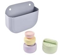 BÉABA, Set of 4 Baby Bath Toys: Suction Cup Storage Basket and Set of 4 Silicone Bath Toys, Stackable, Nested, 2 Compartments, Pebble & Mutli Colours
