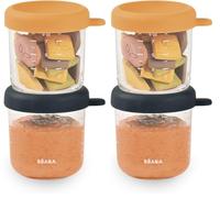 BEABA - Set of Baby Food Storage Containers - Weaning pots - Glass Conservation Jar - Colorful Lids - Graduation Measuring Scale - Heat and Freezer Shock Resitant - 2 x 250 ml - Night Blue/Honey