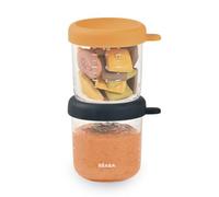 BEABA - Set of Baby Food Storage Containers - Weaning pots - Glass Conservation Jar - Colorful Lids - Graduation Measuring Scale - Heat and Freezer Shock Resitant - 2 x 250 ml - Night Blue/Honey