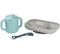Béaba Silicone Baby Meal Set, 3 Pieces, Divided Plate with Suction Pad + Cup +
