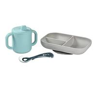 Béaba, Silicone Baby Meal Set, 3 Pieces, Divided Plate with Suction pad + Cup + Spoon, Healthy and Durable Silicone, Dishwasher Friendly, Microwave, Blue