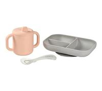 Béaba Silicone Baby Meal Set, 3 Pieces, Divided Plate with Suction Pad + Pink