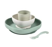 BÉABA, Silicone Baby Meal Set, with Suction Cup, Non-Slip, 4 Pieces, Plate + Bowl + Glass + Spoon, Healthy and Durable Silicone, Dishwasher Safe, Microwave Safe, Sage Green