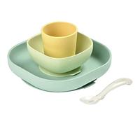 Béaba - Silicone Feeding Meal Set - Set of 4 Pieces : Plate + Bowl + Cup + Spoon - Silicone with Strong Suction pad - Baby and Children - Yellow