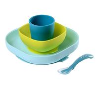 Béaba - Silicone Feeding Meal Set - Set of 4 Pieces : Plate + Bowl + Cup + Spoon - Silicone with Strong Suction pad - Baby and Children - Blue