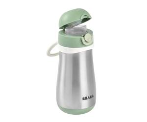 Béaba Stainless Steel Water Bottle for Kids, 2 in 1 Water Bottle/Glass, Push Button Easy Opening, Durable, Healthy, Removable Handles, Stainless Steel, 350ml, Sage Green