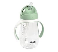 BÉABA - Training cup - 2 in 1 baby bottle - children's cup with straw - 100% leak-proof - easy to open - removable handles - Tritan and silicone - 300 ml - sage green