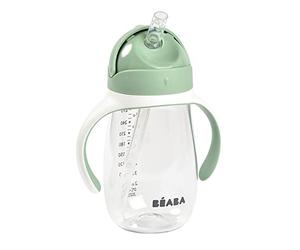 BÉABA - Training cup - 2 in 1 baby bottle - children's cup with straw - 100% leak-proof - easy to open - removable handles - Tritan and silicone - 300 ml - sage green