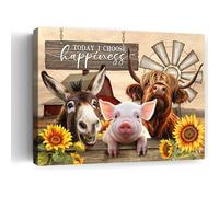 Beabalea Farmhouse Animals Canvas Kitchen Wall Art Rustic Sunflowers Donkey Cow Pig Pictures Wall Decor Country Red Barn Windmills Artwork Painting for Bedroom Bathroom Living Room 12"x16"