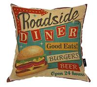 Beabes Roadside Diner Cosy Throw Cushion Cover Retro 1950s Burgers Restaurant Mental Sign Open 24 Hours Pillow Cover Cotton Linen Decorative For Living Bedroom/Office For Men Women 18x18 Inch