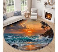 Beach 100 cm Round Washable Area Rug, Coastal Sunset Wave Non Slip Carpet for Living Room Bedroom, Soft Low Pile Indoor Mat Orange Circle Throw Rug for Dining Room Kitchen Office