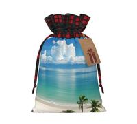 Beach And Palm Tree Print Christmas Drawstring Linen Gift Bags Reusable Fabric Bags With Tags For Christmas Gifts
