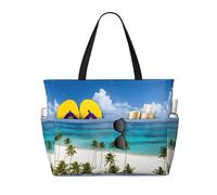 Beach and Palm Tree Print Large Waterproof Beach Tote Bag for Women with Zip and Pockets Foldable Handbag for Travel Pool Shopping Holiday Gym