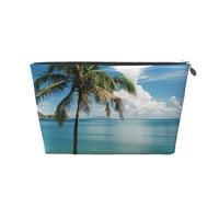 Beach and Palm Tree Printed Travel Cosmetic Bags with Silver Zipper Makeup Organizer Cosmetic Case Toiletry Bag for Women Mom Girls