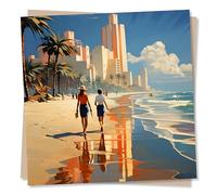 Beach and Skyline Scene Blank Greetings Card - Art Deco Style - Made in UK