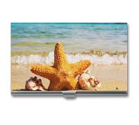 Beach and Starfish Business Card Wallet Credit Card Holder Metal Square Small Pocket Purse