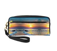 Beach and Sunset Double-Sided Printed Leather Portable Makeup Pouch-Multi-Purpose Cosmetic Bag, Pencil Case and Organizer for Women
