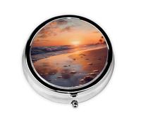 Beach and Sunset Glow Print Pill Box 3 Compartments Round Pill Organizer Metal Waterproof Portable Pill Case for Pocket or Purse Vitamin/Fish Oil/Pills/Supplements