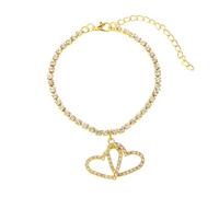 Beach Anklets for Women, Gold Tennis Chain with Double Heart Pendant Beach Ankle Bracelets, Length: 20.2+10CM