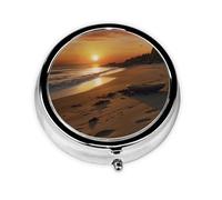 Beach at Sunset Print Pill Box 3 Compartments Round Pill Organizer Metal Waterproof Portable Pill Case for Pocket or Purse Vitamin/Fish Oil/Pills/Supplements