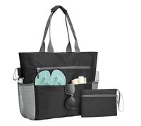 Beach Bag Large Waterproof Women Men Foldable Shopping Bag Sandproof with Zip Picnic Bag for Outing, Travel, Boat, Camping, Pool, Sunglasses, Water Bottles, Snacks, Bath Towel, black, see description