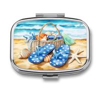 Beach Bag with Sunglasses Seashells Starfish Pill Box 2 Compartment Portable Medicine Pill Case Travel Pill Organizer for Pocket Purse