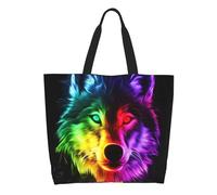 Beach Bags Neon Rainbow Wolf Head Portrait Digital Art Women Tote Bag With Inner Pocket Shoulder Bag Reusable Shopping Bags For Picnic Travel College