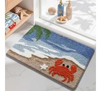 Beach Bath Mat, Non-Slip Super Absorbent Bathroom Rug with Cute Crab & Starfish Design, Machine Washable Coastal Shower Mat, Soft Microfibre Cosy Floor Rug for Bathroom, Bedroom, Kitchen 50x80cm