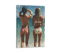 Beach Bikini Girls Canvas Wall Art Summer Back View Poster with Ocean Waves And Swimsuit Aesthetic for Bedroom Dorm Bathroom Coastal Decor Modern Tropical Print Gift 24x36inch(60x90cm) Framed