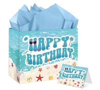 Beach Birthday Gift Bag Large Ocean Seashell Happy Birthday Party Decorations - Blue Summer Hawaiian Gift Bags with Tissue Paper & Card - for Kids, Women, Men - Baby Shower, Bday Party Favors