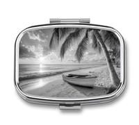 Beach Boat Palm Trees Sunset Pill Box 2 Compartment Portable Medicine Pill Case Travel Pill Organizer for Pocket Purse