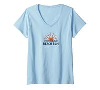 Beach Bum Sunset Ocean Waves Summer Vacation V-Neck T-Shirt, Women, Baby Blue, S
