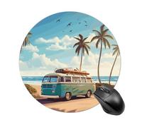 Beach Bus Round Mouse Pad, Non-Slip Rubber Base Waterproof Washable, Computer Mouse Mat for Office Gaming Studying, Premium-Textured Durable Portable Circle Mousepad for Desktop PC Notebook