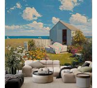 Beach Cabin Flower Field Photo Wallpaper 200 x 140 cm Non-Woven Photo Wallpaper, Pastoral Scenery Sofa Hotel TV Bedroom Living Room Background Art Wall Mural Wall Sticker
