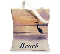 Beach Canvas Bags, Stylish Heron Design, Reusable Shopping Bags, Lightweight, Eco-Friendly, Washable with Shoulder Strap, beige, 13x15 Inch