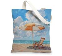 Beach Canvas Tote Bags, Artistic Ocean Scene Lightweight Reusable Shopping Bags, Casual Summer Style Washable Shoulder Strap Canvas Bags for Travel Picnic 13x15 Inch