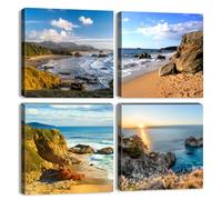 Beach Canvas Wall Art Bathroom Pictures Sunset Coastal Canvas Paintings Ocean Landscape Wall Pictures Beach Paintings Modern Seascape Artwork for Living Room Office Home Decorations 30x30cm 4Pcs