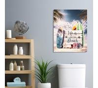 Beach Canvas Wall Art, Surfboard Ocean Coastal Palm Tree Surf Sea Bathroom Canvas, Life is Better at Beach Kitchen Wall Decoration, Starfish Wall Decor for Living Dining Room Poster Print 14X11inches