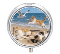 Beach Cat Fun Round Pill Box with Mirror 3 Compartment Portable Pill Case for Travel Outdoor Use Cute Small Pill Organizer for Pocket Or Purse