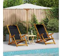 Beach Chair Folding Solid Acacia Wood Textilene Black 61.5x123x82cm Recline 2pc